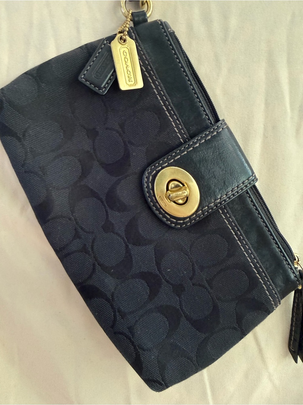 Coach Navy/Black Signature Wristlet with Gold Hardware